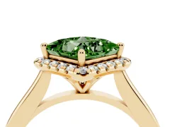 Fancy Green Princess Cut Diamond Halo Engagement Ring Set in Yellow gold with Pavé Band and Rising Shoulders
