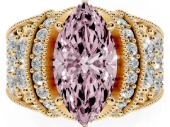 Fancy Pink Marquise Cut Diamond Milgrain Halo Pavé Engagement Ring Set in Yellow gold with Prong Setting