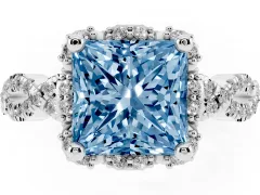 Fancy Blue Princess Cut Diamond Halo Twist Band Solitaire Ring Set in Platinum with Prong-Set Center Stone