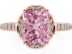 Fancy Pink Radiant Cut Diamond Halo Ring Set in Rose gold with Channel Set Band and Prong Setting