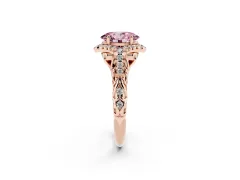Fancy Pink Oval Cut Diamond Solitaire Ring Set in Rose gold with Hidden Halo and Pavé Band