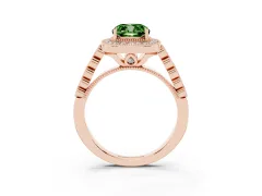 Fancy Green Cushion Cut Diamond Milgrain Halo Solitaire Ring Set in Rose gold with Bezel Set Side Stones and Pavé Band