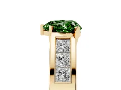 Fancy Green Heart Cut Diamond Solitaire Ring Set in Yellow gold with Channel-Set Accent Stones and Prong Setting