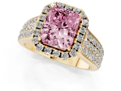 Fancy Pink Radiant Cut Diamond Halo Ring Set in Yellow gold with Pavé Band and Raised Center Setting