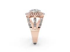Oval Cut Diamond Double Halo Ring Set in Rose gold with Round Pavé Split Shank