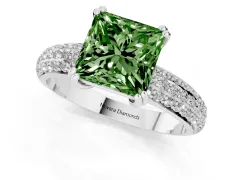 Fancy Green Princess Cut Diamond Solitaire Ring Set in White gold with Multi-Row Round Pavé Band and Prong Setting
