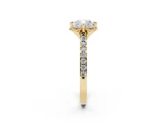 Cushion Cut Diamond Solitaire Ring Set in Yellow gold with Pavé Band and Floral Prong Setting