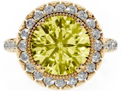 Fancy Yellow Round Cut Diamond Halo Ring Set in Yellow gold with Pavé Shank and Prong Setting