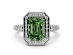 Fancy Green Emerald Cut Diamond Milgrain Halo Solitaire Ring Set in White gold with Bezel Set Side Stones and Pavé Band
