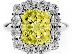 Fancy Yellow Radiant Cut Diamond Halo Cluster Engagement Ring Set in White gold with Polished Band and Prong Setting