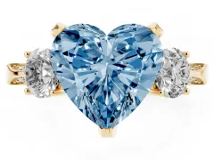 Fancy Blue Heart Cut Diamond Three-Stone Ring Set in Yellow gold with Pavé Band and Smaller Side Stones