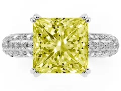 Fancy Yellow Princess Cut Diamond Solitaire Ring Set in Silver with Multi-Row Round Pavé Band and Prong Setting