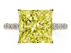 Fancy Yellow Princess Cut Diamond Solitaire Engagement Ring Set in Yellow gold with Round Pavé Band and Prong Setting