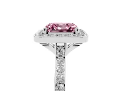 Fancy Pink Asscher Cut Diamond Halo Engagement Ring Set in Silver with Round Pavé Shoulders and Heart Gallery
