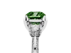 Fancy Green Cushion Cut Diamond Three-Stone Ring Set in White gold with Pavé Band and Smaller Side Stones