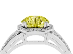 Fancy Yellow Round Cut Diamond Halo Ring Set in White gold with Double Pavé Split Shank