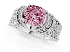 Fancy Pink Cushion Cut Diamond Milgrain Halo Pavé Engagement Ring Set in Silver with Prong Setting