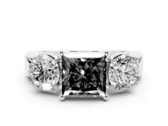 Fancy Black Princess Cut Diamond Three-Stone Ring Set in Silver with Round Side Stones and Classic Band