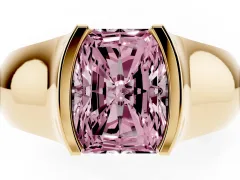 Fancy Pink Radiant Cut Diamond Bezel Solitaire Ring Set in Yellow gold with Wide Band