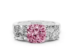 Fancy Pink Cushion Cut Diamond Three-Stone Ring Set in White gold with Plain Polished Band