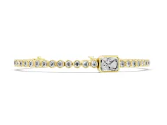 Round Diamond Bezel-Set Tennis Bracelet Set in Yellow gold with Radiant Cut Center Stone