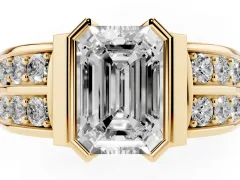 Emerald Cut Diamond Wide Channel Set Band Ring Set in Yellow gold with Bezel Setting