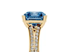 Fancy Blue Asscher Cut Diamond Split Shank Pavé Engagement Ring Set in Yellow gold with Prong-Set Center Stone