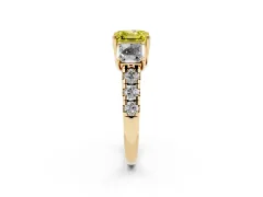 Fancy Yellow Asscher Cut Diamond Three-Stone Ring Set in Yellow gold with Pavé Band