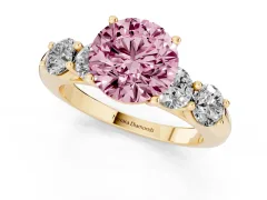 Fancy Pink Round Cut Diamond Five-Stone Prong Set Ring Set in Yellow gold with Classic Band