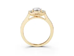Emerald Cut Diamond Halo Ring Set in Yellow gold with Pavé-Lined Shoulders and Prong Setting