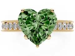 Fancy Green Heart Cut Diamond Solitaire Ring Set in Yellow gold with Milgrain-Edged Pavé Band and Prong Setting
