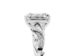 Emerald Cut Diamond Vine Band Solitaire Ring Set in White gold with Milgrain Prong Setting