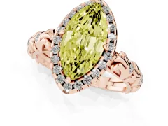Fancy Yellow Marquise Cut Diamond Halo Ring Set in Rose gold with Filigree Leaf Band and Prong Setting