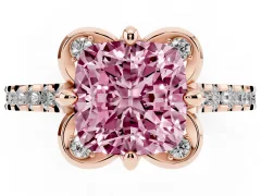 Fancy Pink Cushion Cut Diamond Solitaire Ring Set in Rose gold with Pavé Band and Floral Prong Setting