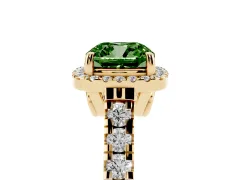 Fancy Green Cushion Cut Diamond Halo Engagement Ring Set in Yellow gold with Pavé Band and Prong-Set Center
