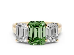 Fancy Green Emerald Cut Diamond Three-Stone Ring Set in Yellow gold with Plain Polished Band