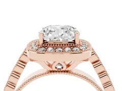 Cushion Cut Diamond Milgrain Halo Solitaire Ring Set in Rose gold with Bezel Set Side Stones and Pavé Band