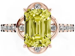Fancy Yellow Emerald Cut Diamond Solitaire Ring Set in Rose gold with Pavé Band and Floral Prong Setting