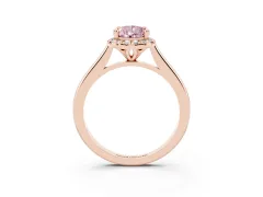 Fancy Pink Pear Cut Diamond Halo Engagement Ring Set in Rose gold with Pavé Band and Rising Shoulders