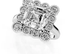 Asscher Cut Diamond Cluster Halo Ring Set in Platinum with Milgrain Bezel Accents and Plain Band