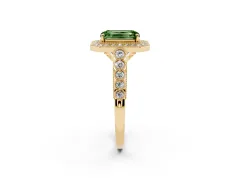 Fancy Green Emerald Cut Diamond Milgrain Halo Solitaire Ring Set in Yellow gold with Bezel Set Side Stones and Pavé Band