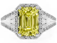 Fancy Yellow Emerald Cut Diamond Halo Split Shank Pavé Ring Set in Silver with Prong Setting