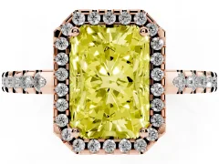 Fancy Yellow Radiant Cut Diamond Halo Ring Set in Rose gold with Pavé Shoulders and Halo-Framed Center