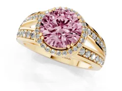 Fancy Pink Round Cut Diamond Halo Ring Set in Yellow gold with Double Pavé Split Shank