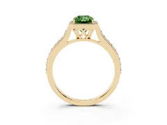 Fancy Green Radiant Cut Diamond Halo Engagement Ring Set in Yellow gold with Round Pavé Shoulders and Heart Gallery