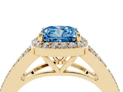 Fancy Blue Cushion Cut Diamond Halo Split Shank Pavé Ring Set in Yellow gold with Prong Setting