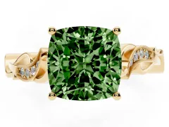 Fancy Green Cushion Cut Diamond Vine Band Solitaire Ring Set in Yellow gold with Milgrain Prong Setting