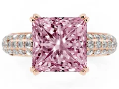 Fancy Pink Princess Cut Diamond Solitaire Ring Set in Rose gold with Multi-Row Round Pavé Band and Prong Setting