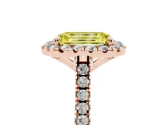 Fancy Yellow Emerald Cut Diamond Cushion Halo Ring Set in Rose gold with Pavé Band