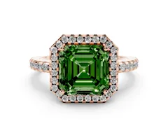 Fancy Green Asscher Cut Diamond Halo Ring Set in Rose gold with Pavé Shoulders and Halo-Framed Center
